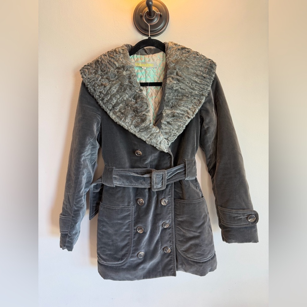 Malandrino Grey Velvet Faux Fur Collar Belted Double Breasted Pea Coat Size 40